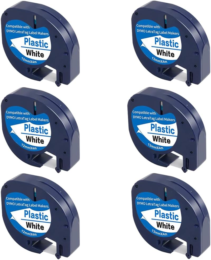 FlyLong 6-Pack 91331 White Plastic Label Tapes Replace for DYMO LetraTag Label Maker Refills for Letra Tag Plus LT100H LT100T, 1/2" x 13'(12mm x 4m), Black on White - Image 1